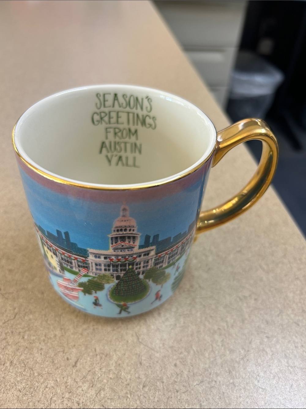 Anthropology Starbucks Blue Holiday Austin Cityscape Mug with Gold Handle